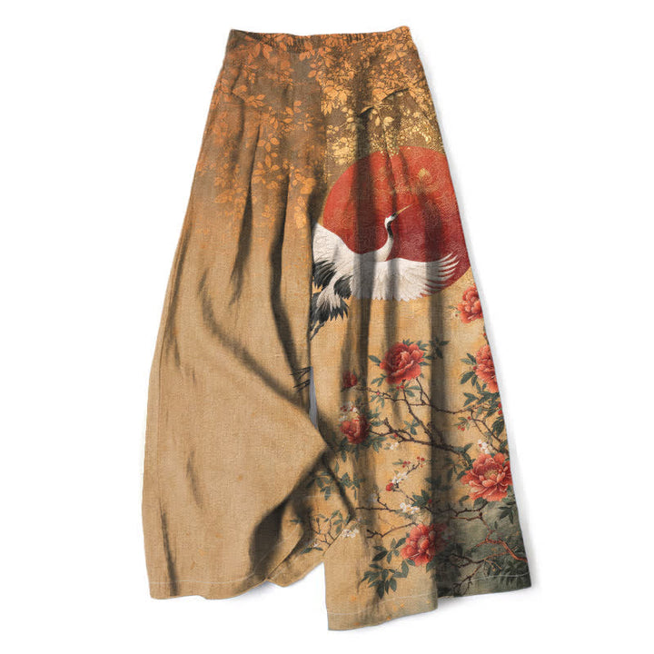 Buddha Stones Pantalon large en coton et lin à motif floral de grues pour femme, taille élastique et poches - Tanné - US16，UK/AU20，EU48 (3XL) - image 0