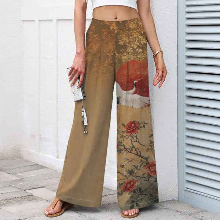 Buddha Stones Pantalon large en coton et lin à motif floral de grues pour femme, taille élastique et poches - image 1