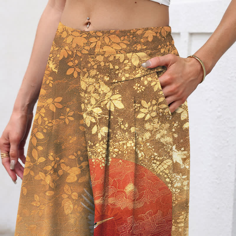 Buddha Stones Pantalon large en coton et lin à motif floral de grues pour femme, taille élastique et poches - image 2