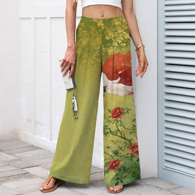 Buddha Stones Pantalon large en coton et lin à motif floral de grues pour femme, taille élastique et poches - image 6