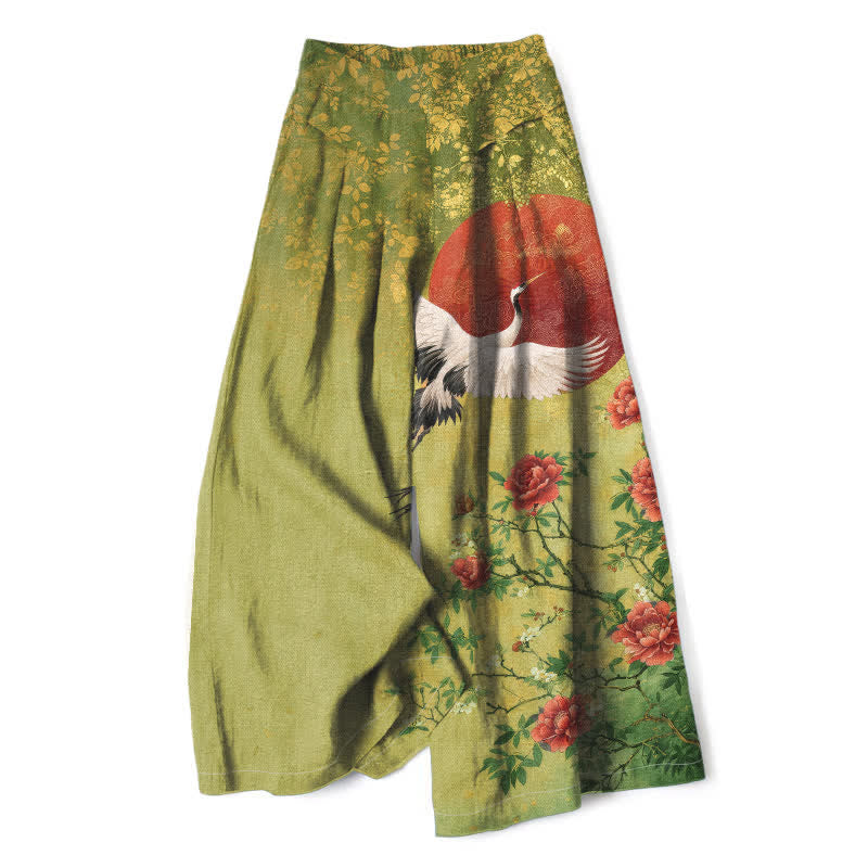 Buddha Stones Pantalon large en coton et lin à motif floral de grues pour femme, taille élastique et poches - JauneVert - US16，UK/AU20，EU48 (3XL) - image 5