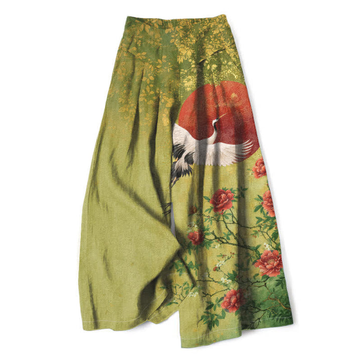 Buddha Stones Pantalon large en coton et lin à motif floral de grues pour femme, taille élastique et poches - JauneVert - US16，UK/AU20，EU48 (3XL) - image 5