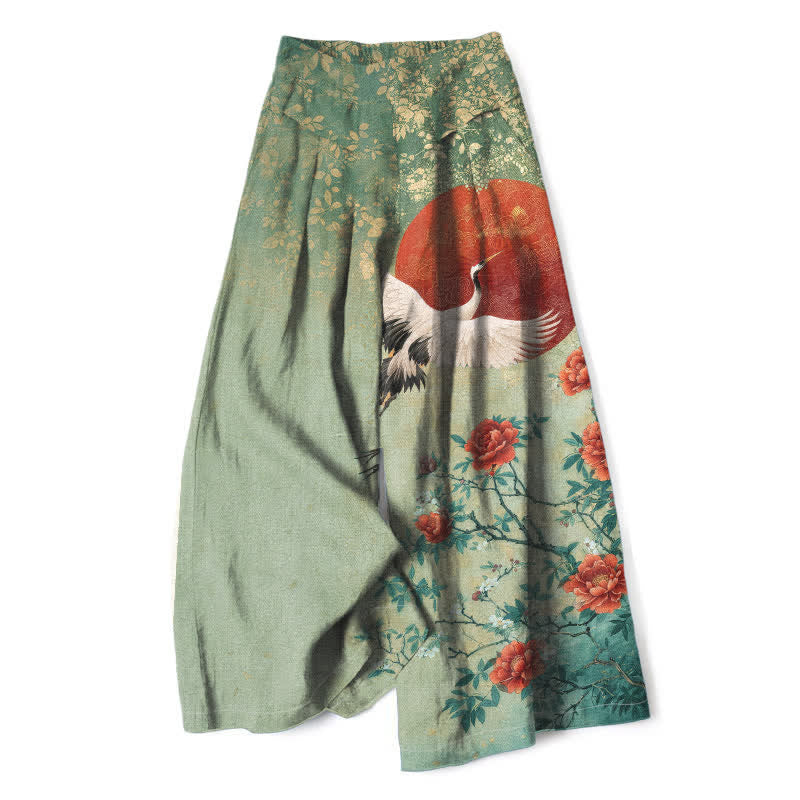 Buddha Stones Pantalon large en coton et lin à motif floral de grues pour femme, taille élastique et poches - Vert foncé - US16，UK/AU20，EU48 (3XL) - image 7