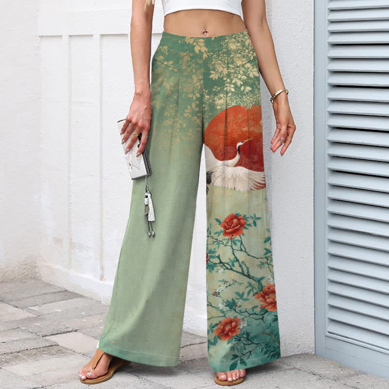 Buddha Stones Pantalon large en coton et lin à motif floral de grues pour femme, taille élastique et poches - image 8