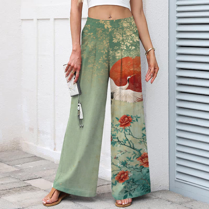 Buddha Stones Pantalon large en coton et lin à motif floral de grues pour femme, taille élastique et poches - image 8