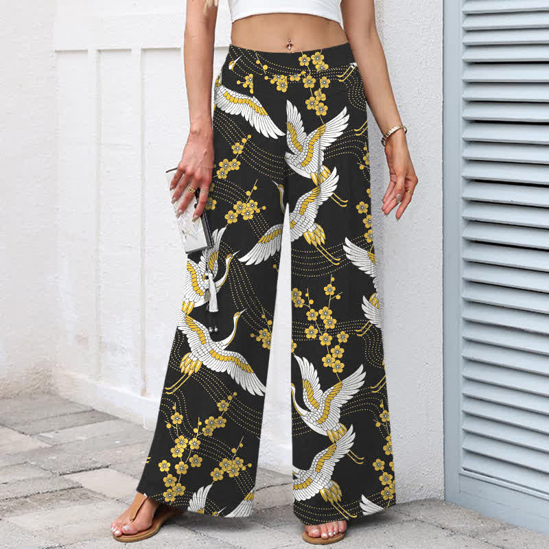 Buddha Stones Pantalon large à taille élastique et poches pour femme, en coton et lin, motif de fleurs de grue - image 1