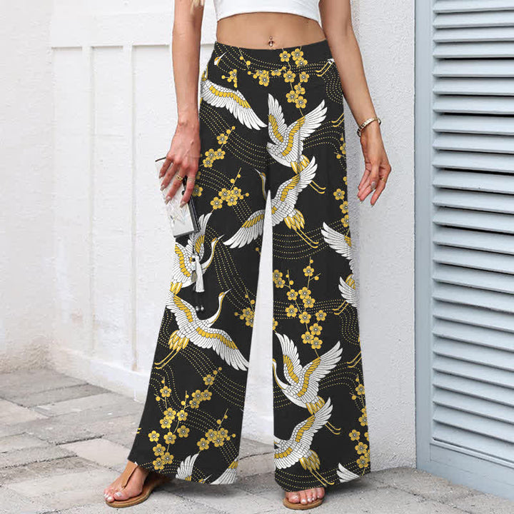 Buddha Stones Pantalon large à taille élastique et poches pour femme, en coton et lin, motif de fleurs de grue - image 1
