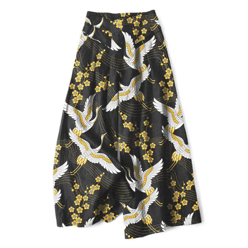 Buddha Stones Pantalon large à taille élastique et poches pour femme, en coton et lin, motif de fleurs de grue - Noir - US16，UK/AU20，EU48 (3XL) - image 0