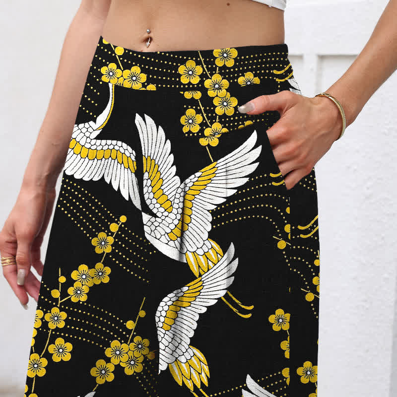 Buddha Stones Pantalon large à taille élastique et poches pour femme, en coton et lin, motif de fleurs de grue - image 2