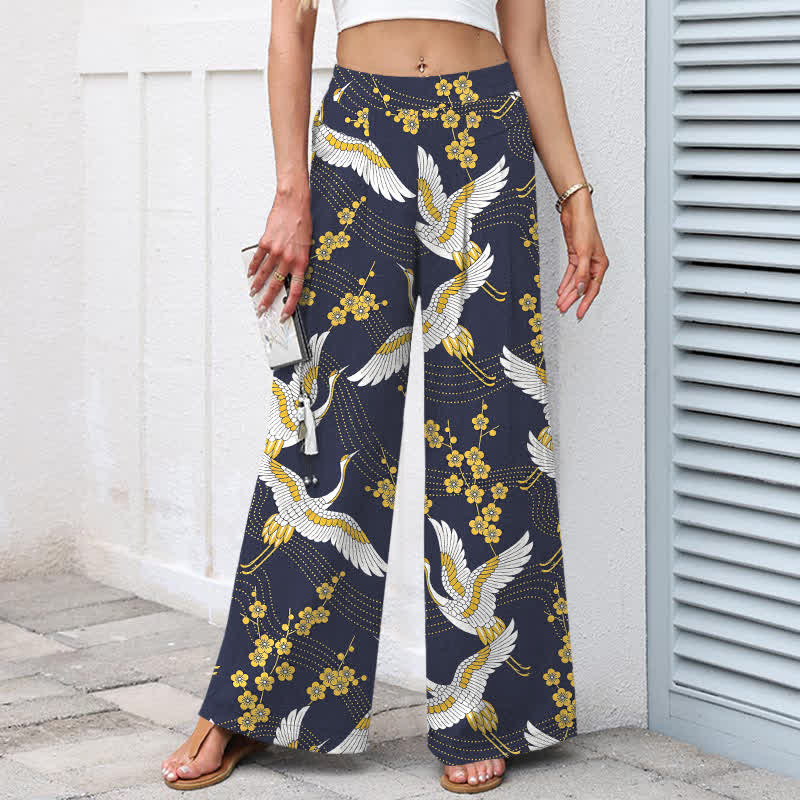 Buddha Stones Pantalon large à taille élastique et poches pour femme, en coton et lin, motif de fleurs de grue - image 6