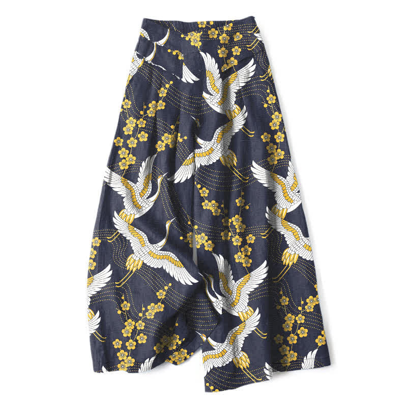 Buddha Stones Pantalon large à taille élastique et poches pour femme, en coton et lin, motif de fleurs de grue - Marine - US16，UK/AU20，EU48 (3XL) - image 5