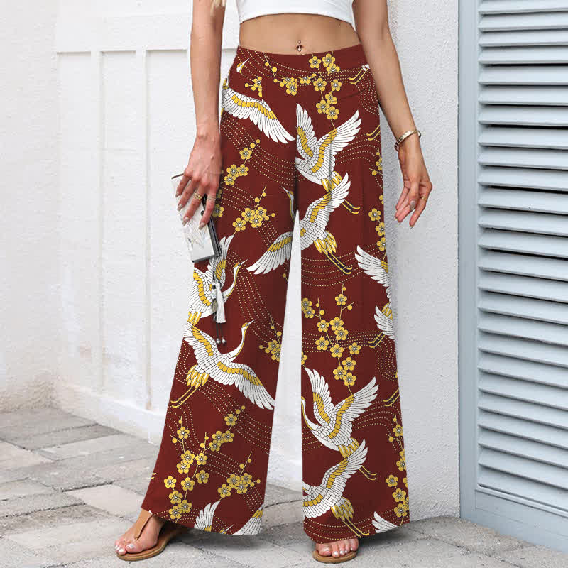 Buddha Stones Pantalon large à taille élastique et poches pour femme, en coton et lin, motif de fleurs de grue - image 8