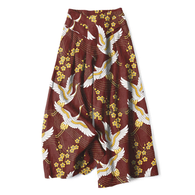 Buddha Stones Pantalon large à taille élastique et poches pour femme, en coton et lin, motif de fleurs de grue - Bordeaux - US16，UK/AU20，EU48 (3XL) - image 7
