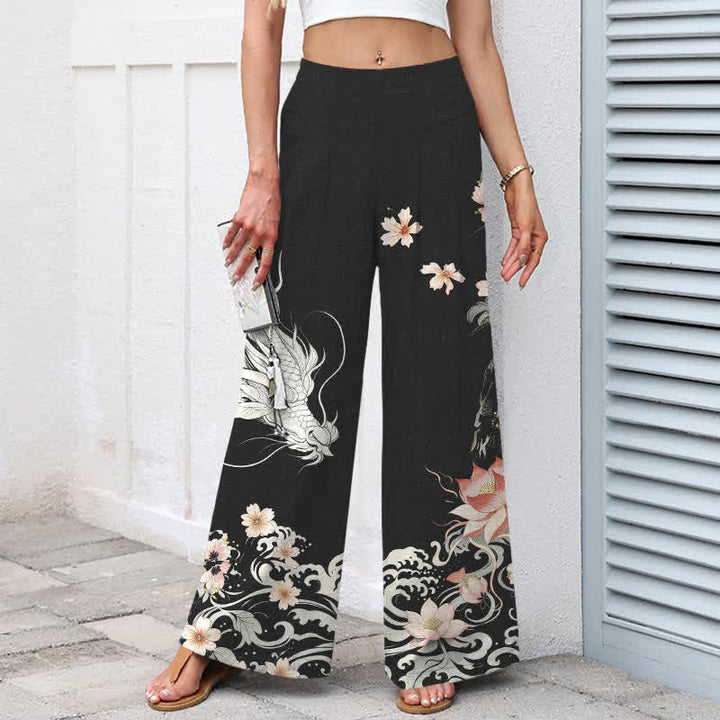 Buddha Stones Pantalon large à taille élastique et poches pour femme, en coton et lin, motif dragon oriental - image 1