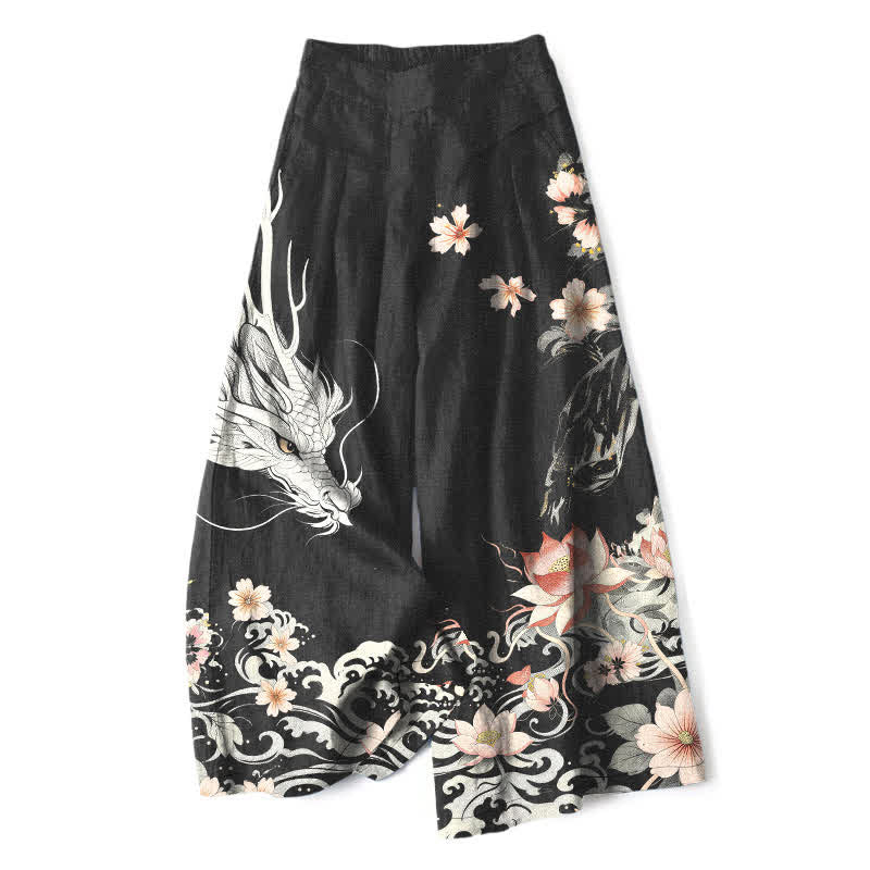 Buddha Stones Pantalon large à taille élastique et poches pour femme, en coton et lin, motif dragon oriental - Noir - US16，UK/AU20，EU48 (3XL) - image 0