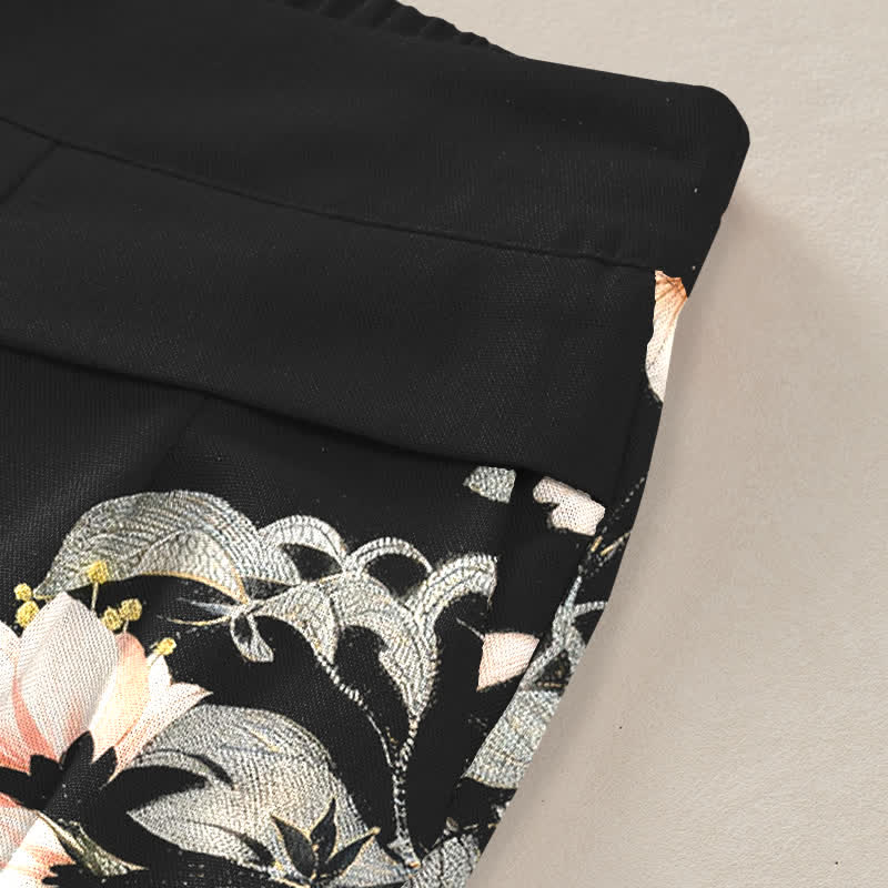 Buddha Stones Pantalon large à taille élastique et poches pour femme, en coton et lin, motif dragon oriental - image 3