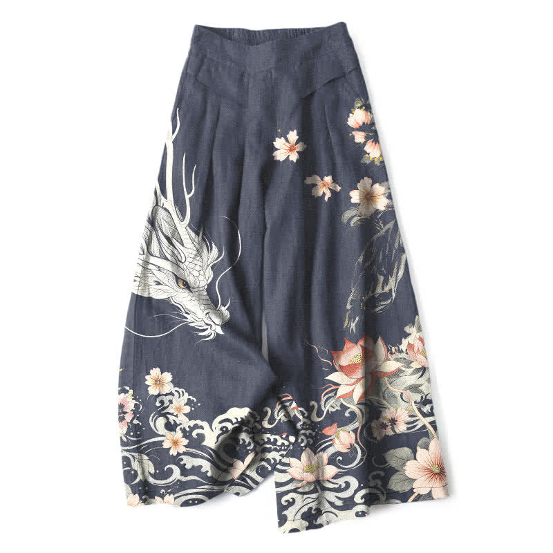 Buddha Stones Pantalon large à taille élastique et poches pour femme, en coton et lin, motif dragon oriental - Marine - US16，UK/AU20，EU48 (3XL) - image 5