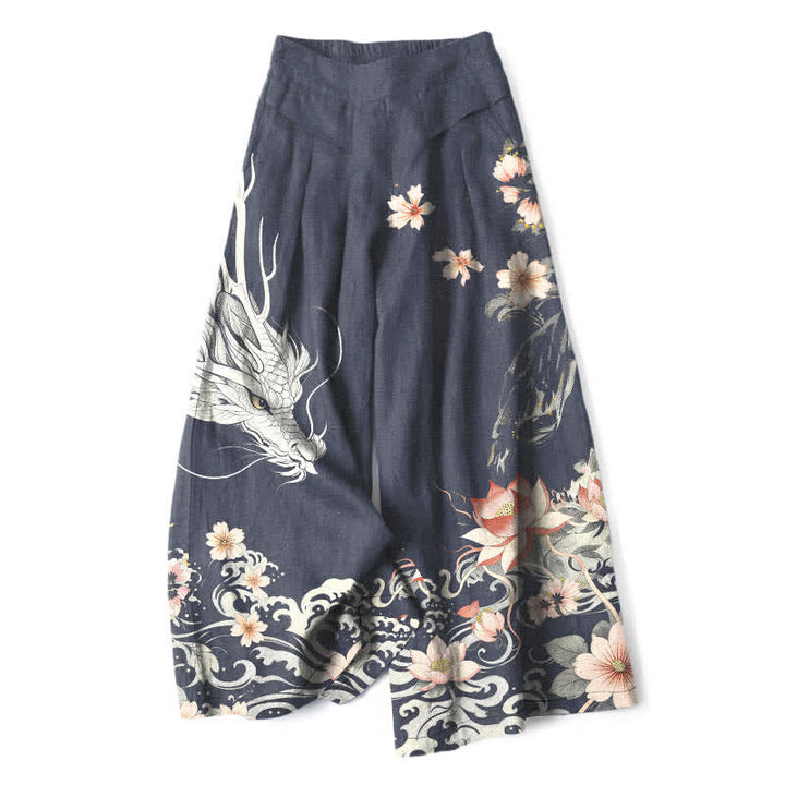 Buddha Stones Pantalon large à taille élastique et poches pour femme, en coton et lin, motif dragon oriental - Marine - US16，UK/AU20，EU48 (3XL) - image 5