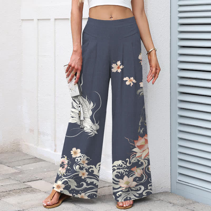 Buddha Stones Pantalon large à taille élastique et poches pour femme, en coton et lin, motif dragon oriental - image 6