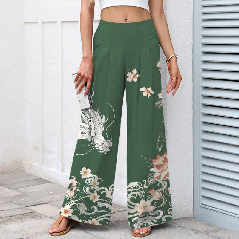 Buddha Stones Pantalon large à taille élastique et poches pour femme, en coton et lin, motif dragon oriental - image 8