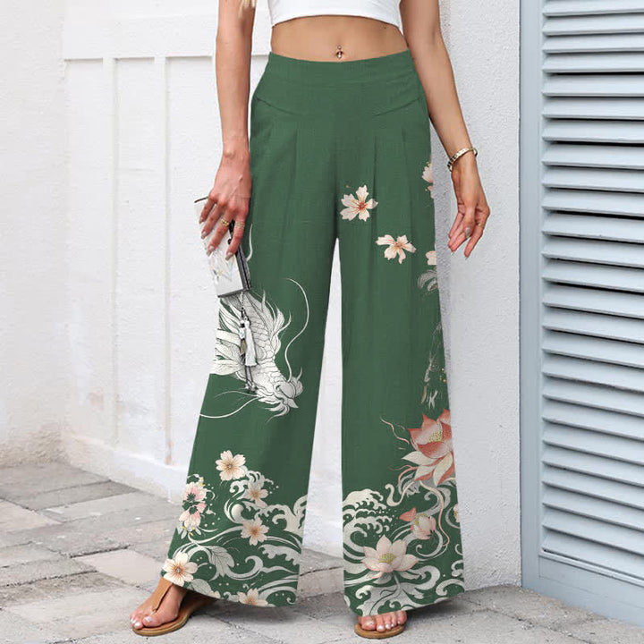 Buddha Stones Pantalon large à taille élastique et poches pour femme, en coton et lin, motif dragon oriental - image 8