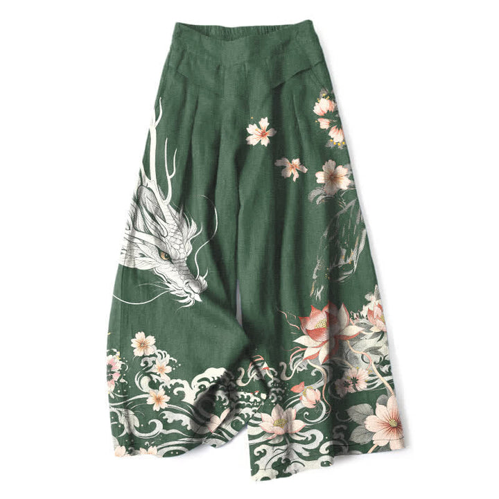 Buddha Stones Pantalon large à taille élastique et poches pour femme, en coton et lin, motif dragon oriental - Vert forêt - US16，UK/AU20，EU48 (3XL) - image 7