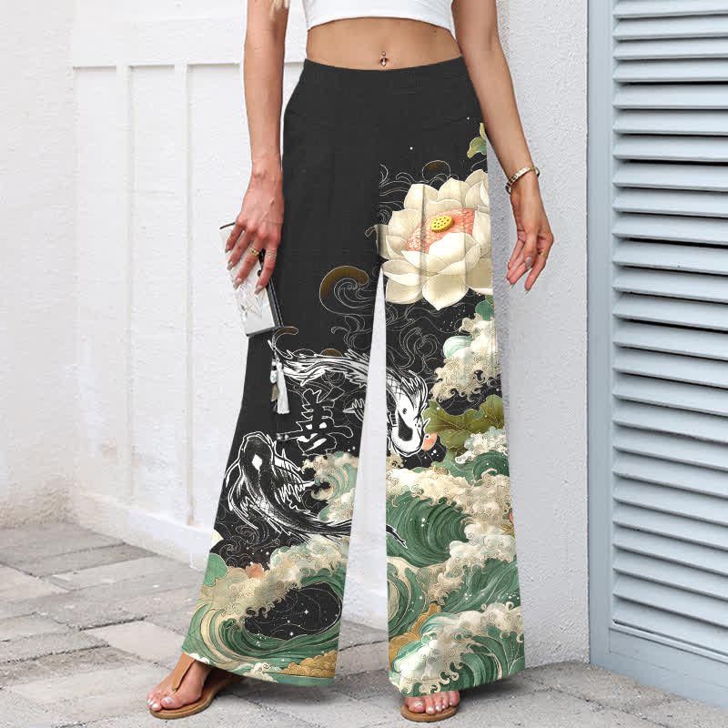 Buddha Stones Pantalon large en coton et lin à motif de vagues de lotus et de carpes koï pour femme, taille élastique et poches - image 1