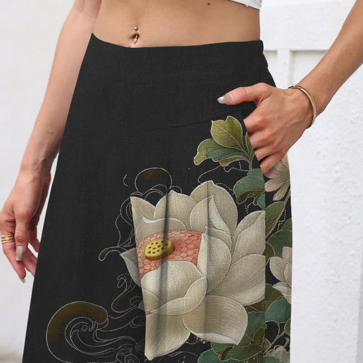 Buddha Stones Pantalon large en coton et lin à motif de vagues de lotus et de carpes koï pour femme, taille élastique et poches - image 2