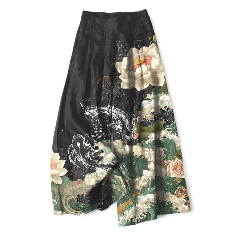 Buddha Stones Pantalon large en coton et lin à motif de vagues de lotus et de carpes koï pour femme, taille élastique et poches - Noir - US16，UK/AU20，EU48 (3XL) - image 0