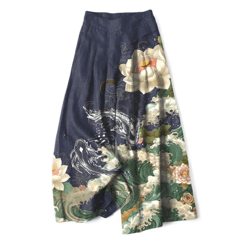 Buddha Stones Pantalon large en coton et lin à motif de vagues de lotus et de carpes koï pour femme, taille élastique et poches - Marine - US16，UK/AU20，EU48 (3XL) - image 5