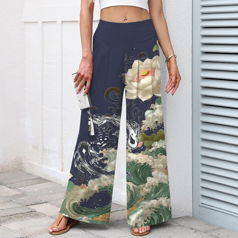 Buddha Stones Pantalon large en coton et lin à motif de vagues de lotus et de carpes koï pour femme, taille élastique et poches - image 6