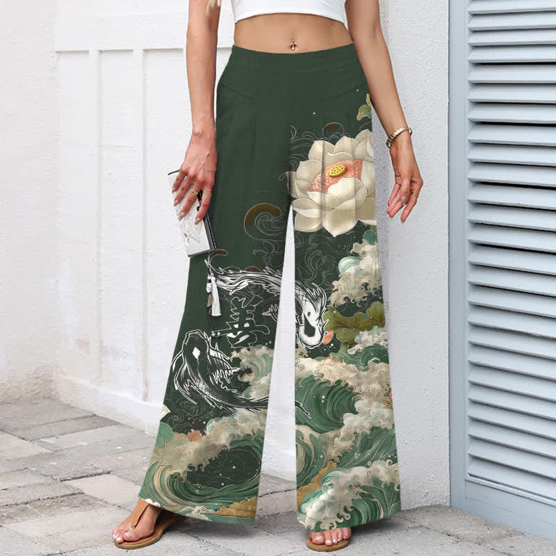 Buddha Stones Pantalon large en coton et lin à motif de vagues de lotus et de carpes koï pour femme, taille élastique et poches - image 8