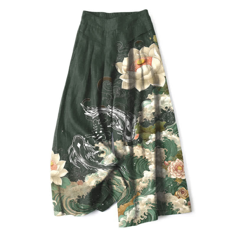 Buddha Stones Pantalon large en coton et lin à motif de vagues de lotus et de carpes koï pour femme, taille élastique et poches - Vert foncé - US16，UK/AU20，EU48 (3XL) - image 7