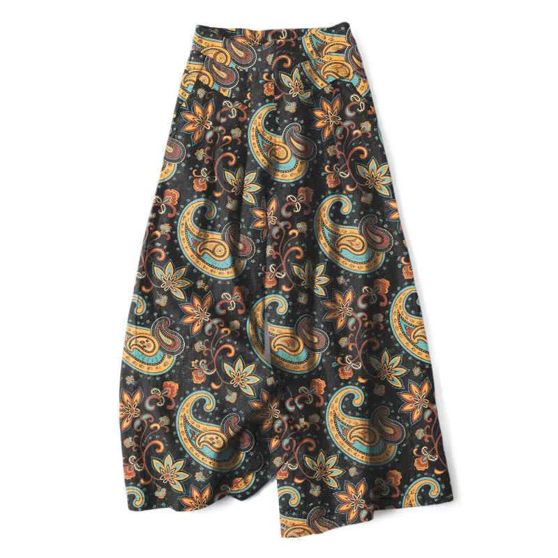 Buddha Stones Pantalon large pour femme en coton et lin, motif cachemire bohème, taille élastique et poches - Noir - US16，UK/AU20，EU48 (3XL) - image 0