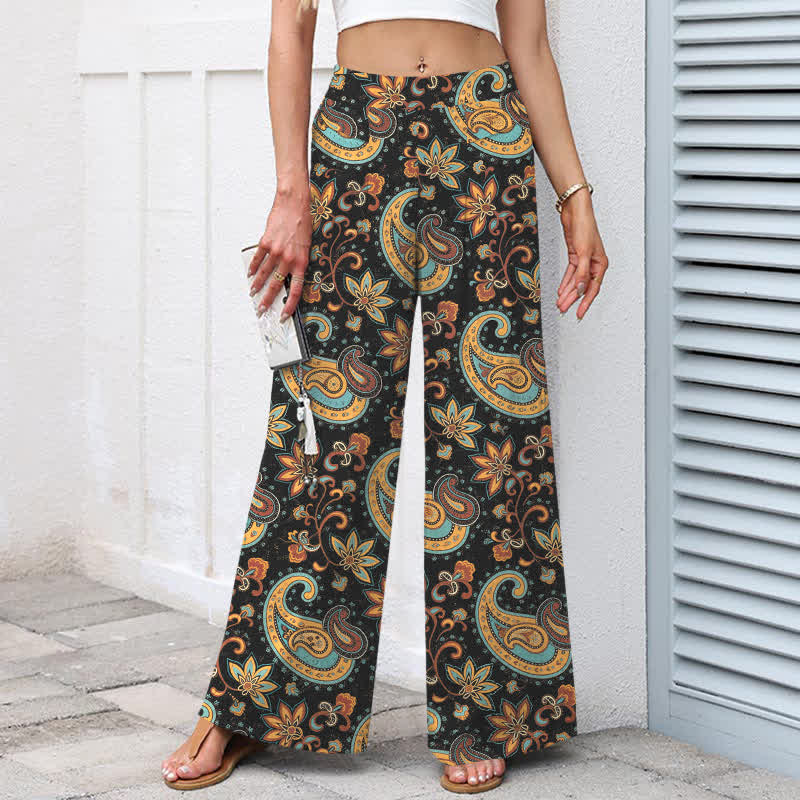 Buddha Stones Pantalon large pour femme en coton et lin, motif cachemire bohème, taille élastique et poches - image 1