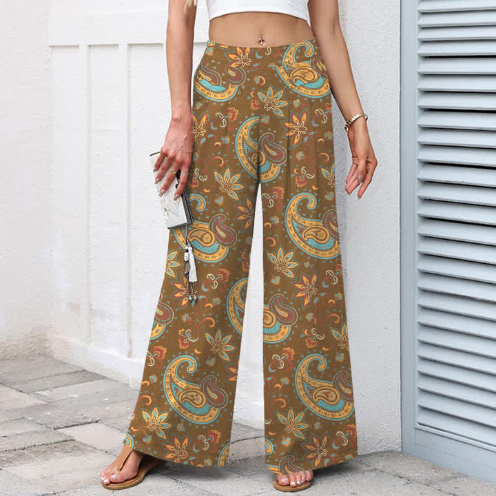 Buddha Stones Pantalon large pour femme en coton et lin, motif cachemire bohème, taille élastique et poches - image 6