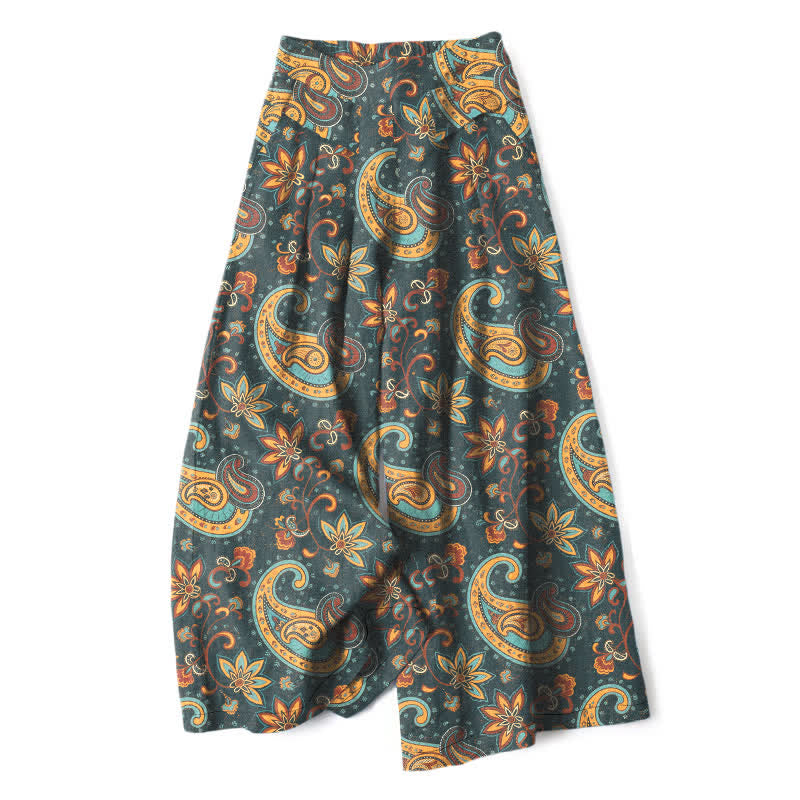 Buddha Stones Pantalon large pour femme en coton et lin, motif cachemire bohème, taille élastique et poches - Sarcelle - US16，UK/AU20，EU48 (3XL) - image 7