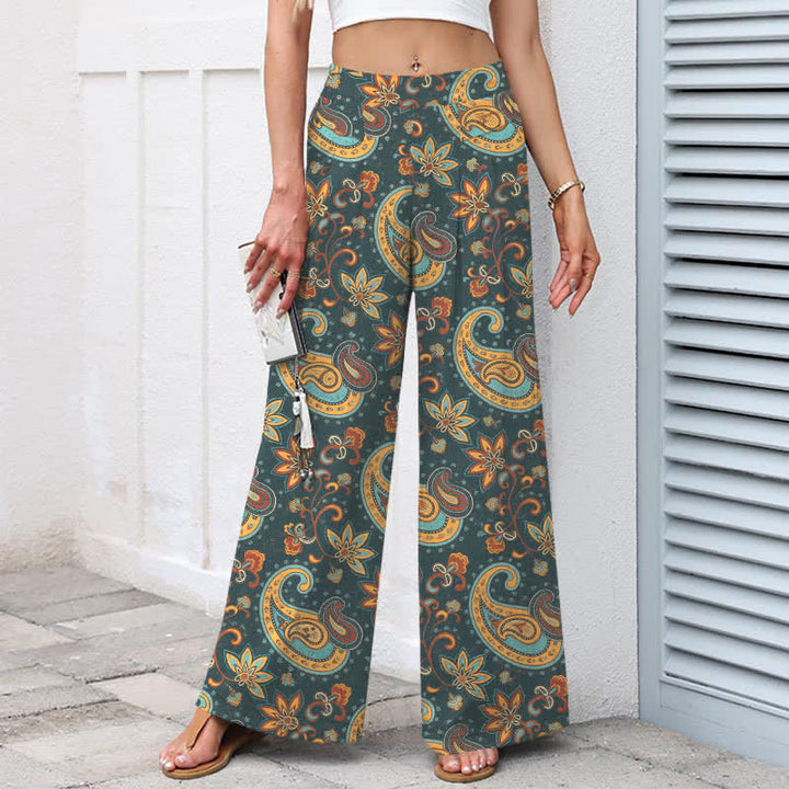 Buddha Stones Pantalon large pour femme en coton et lin, motif cachemire bohème, taille élastique et poches - image 8