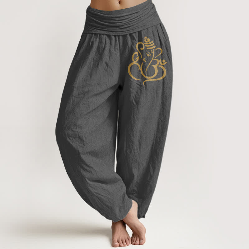 Buddha Stones Pantalon harem pour femme en pur coton à motif Ganesha doré et taille élastique - Gris sombre - US16，UK/AU20，EU48 (3XL) - image 8