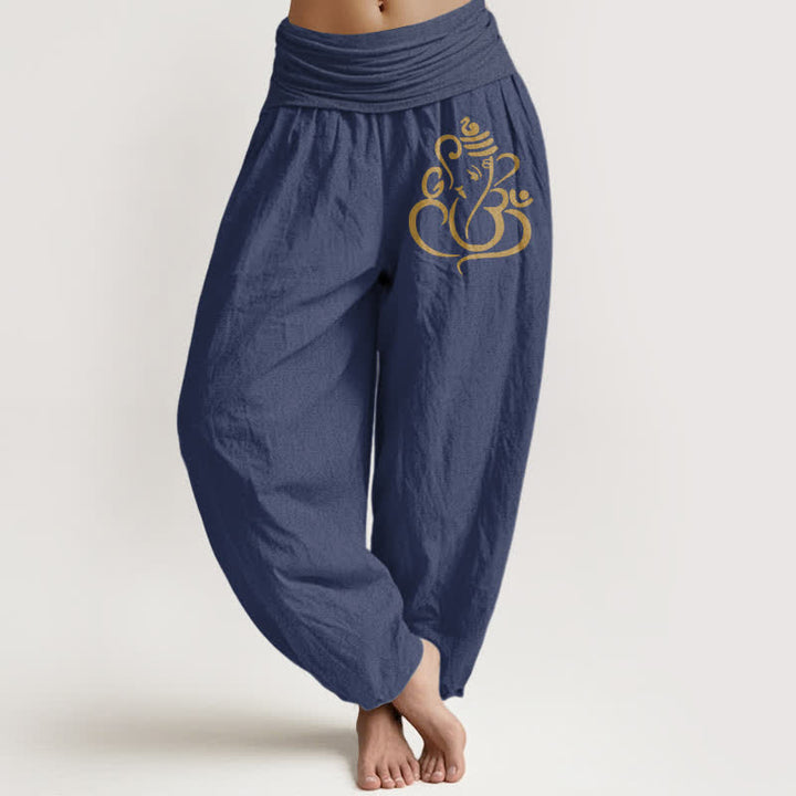 Buddha Stones Pantalon harem pour femme en pur coton à motif Ganesha doré et taille élastique - Bleu ardoise foncé - US16，UK/AU20，EU48 (3XL) - image 5