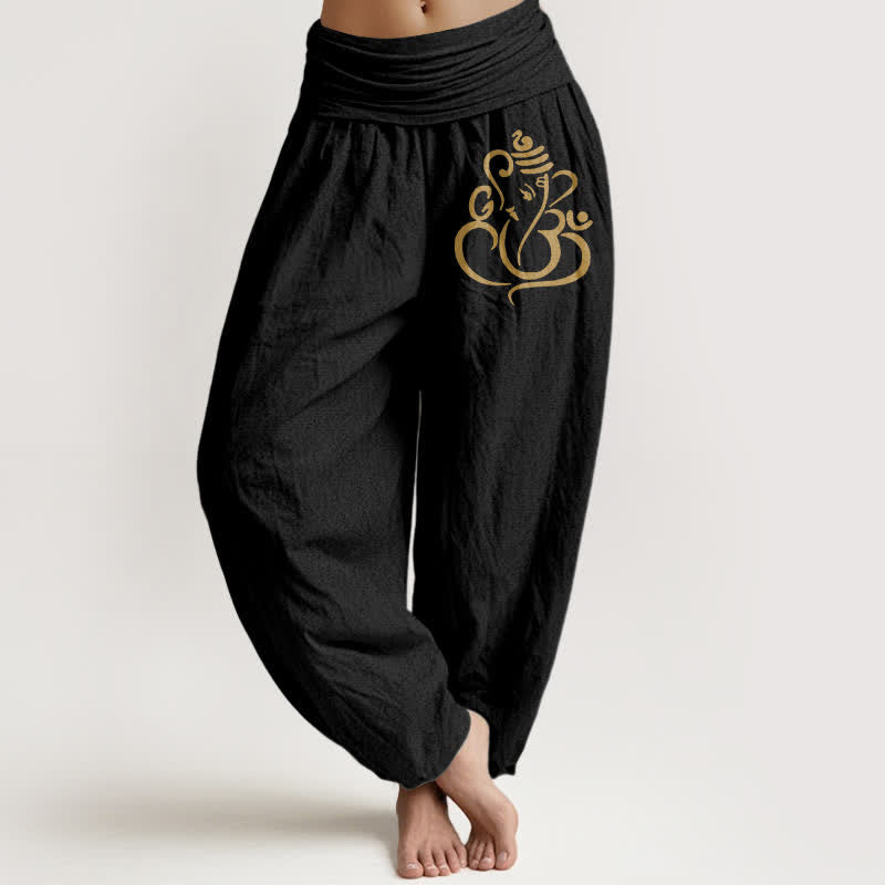 Buddha Stones Pantalon harem pour femme en pur coton à motif Ganesha doré et taille élastique - Noir - US16，UK/AU20，EU48 (3XL) - image 0