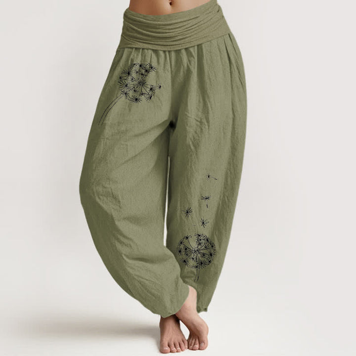 Buddha Stones Pantalon harem pour femme en pur coton à motif de graines de pissenlit et taille élastique - Vert olive - US16，UK/AU20，EU48 (3XL) - image 11