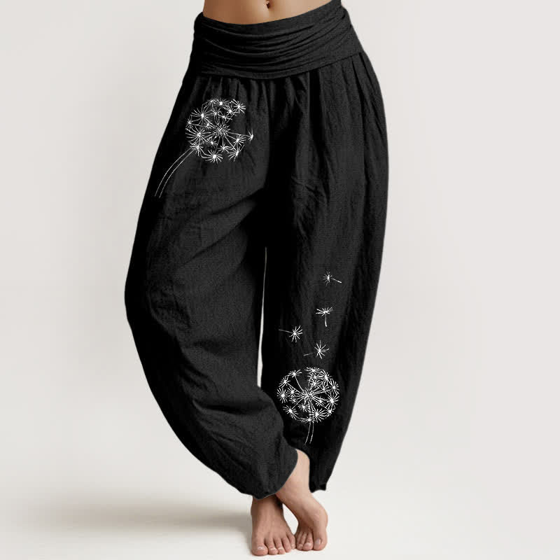 Buddha Stones Pantalon harem pour femme en pur coton à motif de graines de pissenlit et taille élastique - Noir - US16，UK/AU20，EU48 (3XL) - image 5