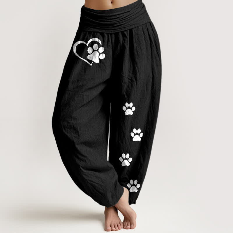 Buddha Stones Pantalon harem pour femme en pur coton à motif cœur et empreintes de pattes, taille élastique - Noir - US16，UK/AU20，EU48 (3XL) - image 0