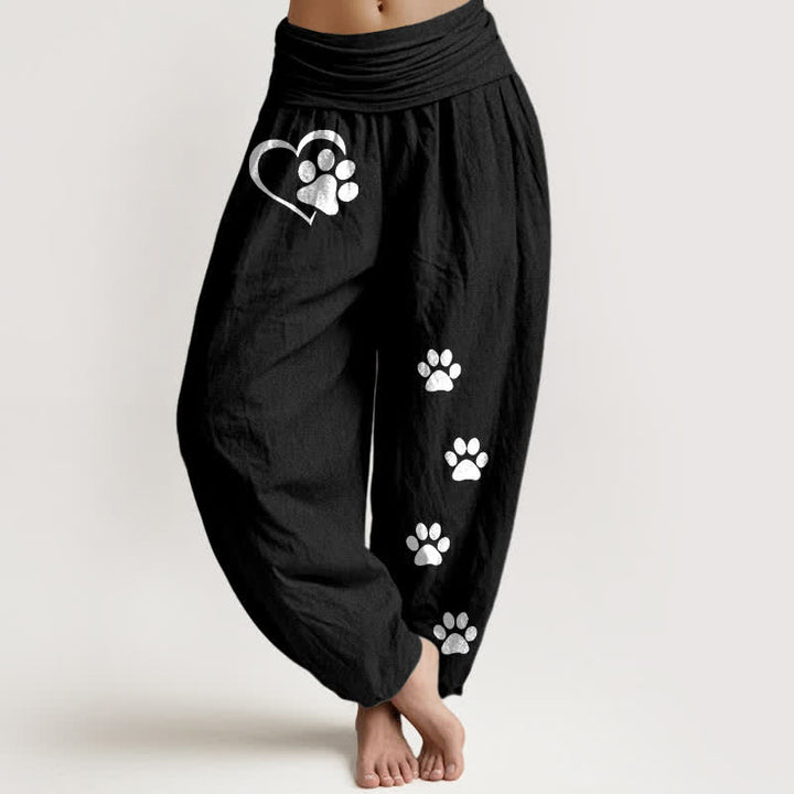 Buddha Stones Pantalon harem pour femme en pur coton à motif cœur et empreintes de pattes, taille élastique - Noir - US16，UK/AU20，EU48 (3XL) - image 0