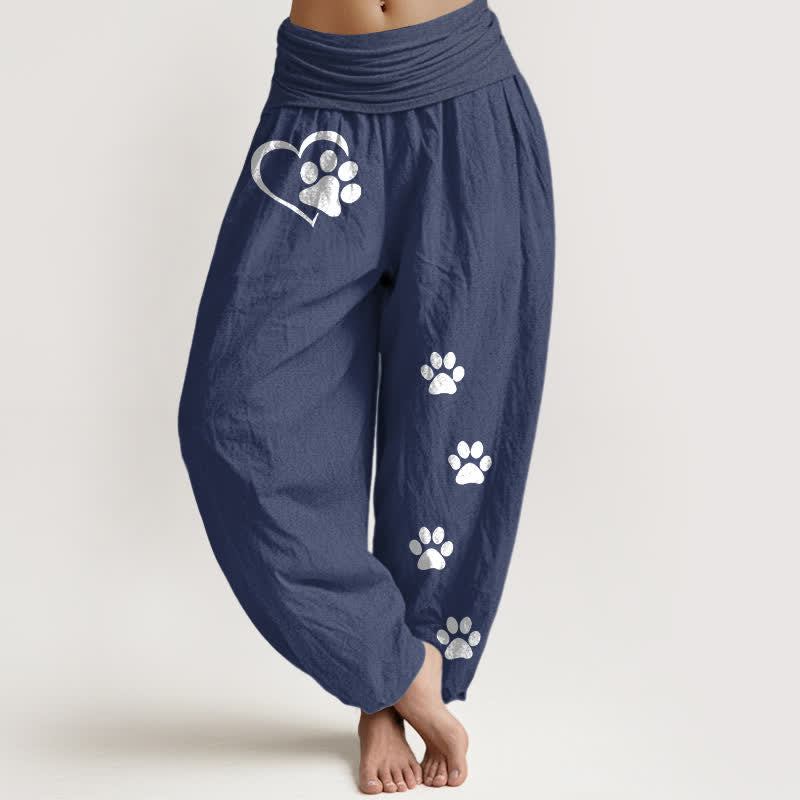 Buddha Stones Pantalon harem pour femme en pur coton à motif cœur et empreintes de pattes, taille élastique - Bleu ardoise foncé - US16，UK/AU20，EU48 (3XL) - image 5