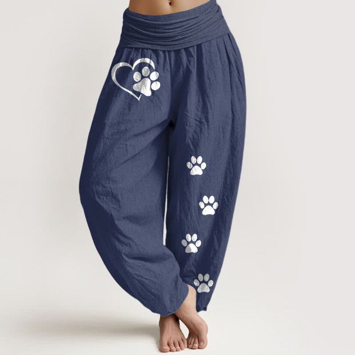 Buddha Stones Pantalon harem pour femme en pur coton à motif cœur et empreintes de pattes, taille élastique - Bleu ardoise foncé - US16，UK/AU20，EU48 (3XL) - image 5