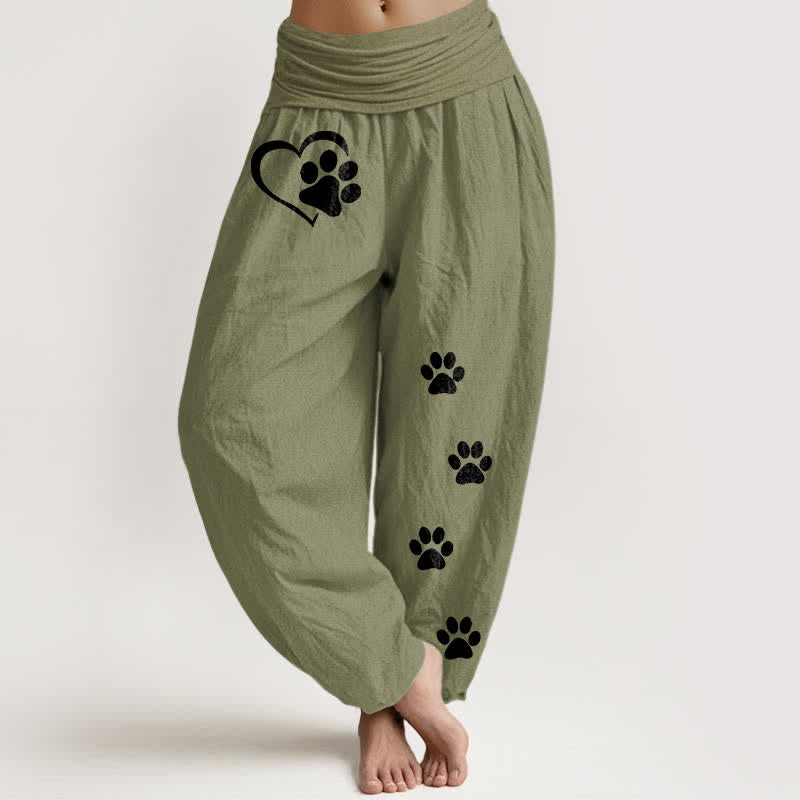 Buddha Stones Pantalon harem pour femme en pur coton à motif cœur et empreintes de pattes, taille élastique - Vert olive - US16，UK/AU20，EU48 (3XL) - image 11
