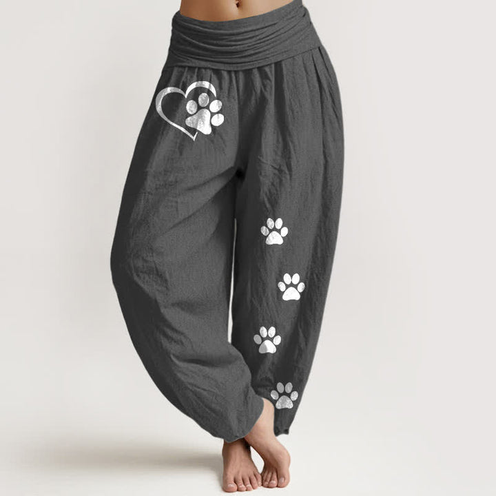 Buddha Stones Pantalon harem pour femme en pur coton à motif cœur et empreintes de pattes, taille élastique - Gris sombre - US16，UK/AU20，EU48 (3XL) - image 8