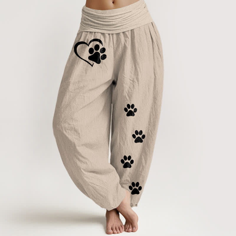 Buddha Stones Pantalon harem pour femme en pur coton à motif cœur et empreintes de pattes, taille élastique - Tanné - US16，UK/AU20，EU48 (3XL) - image 14